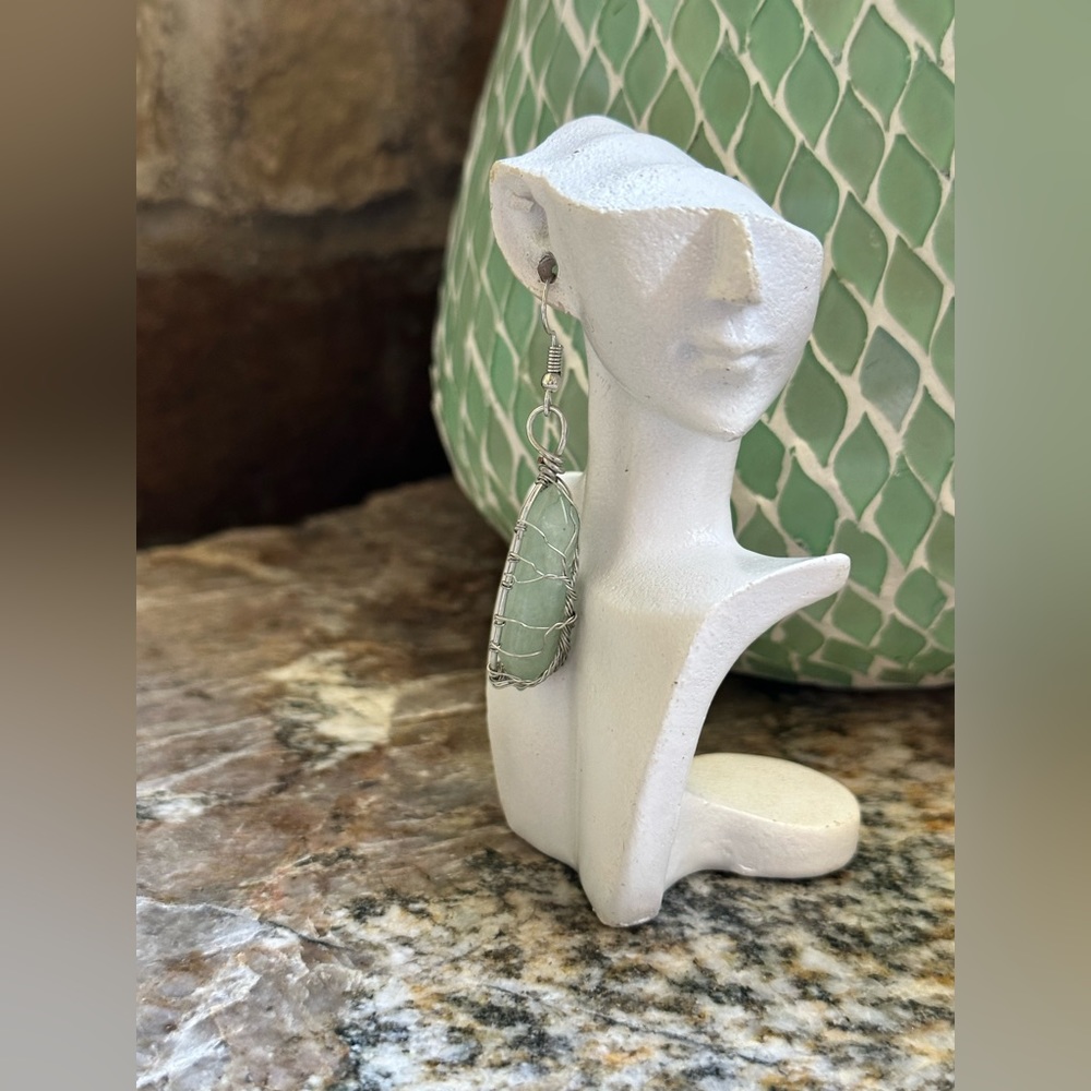 Silver Wire Wrapped Green Aventurine Stone Earrings